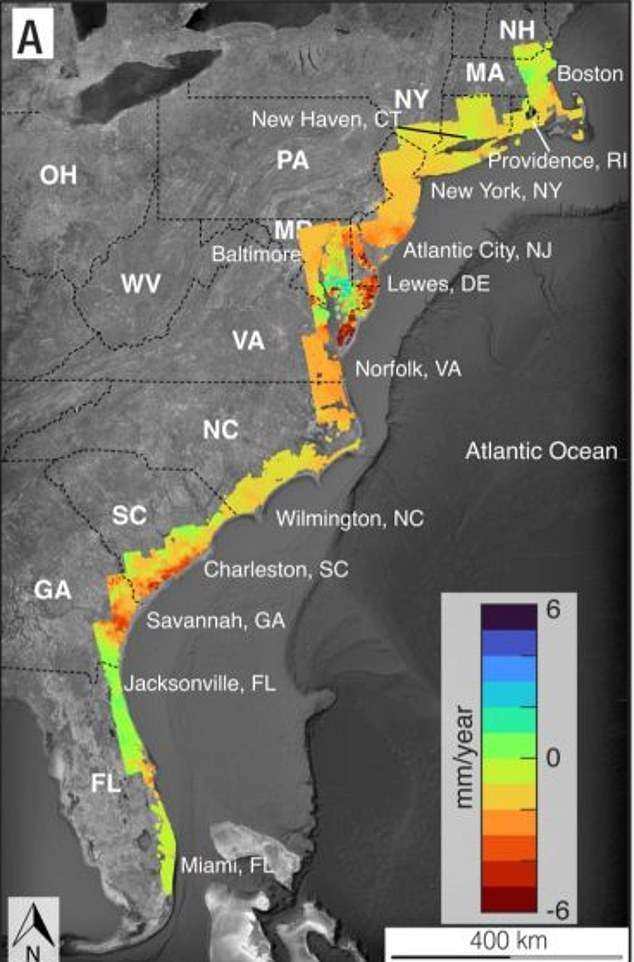 East Coast cities are SINKING: More than 15 million Americans are living in ‘hotspots’ from Florida to New Hampshire that are dipping because of groundwater extraction and weight of infrastructure, study reveals