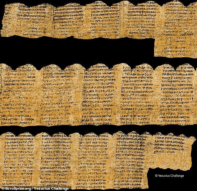 First passages of Herculaneum scroll are DECIPHERED by AI: Students use program to read more than 2,000 words on charred papyrus buried by Mount Vesuvius eruption in 79AD