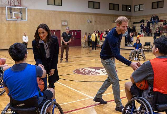 Prince Harry and Meghan visit traditional territory of the Lil’wat Nation to meet Chief Gélpcal and a wheelchair basketball programme – before being handed bespoke basket and hand-carved cedar art to give strength
