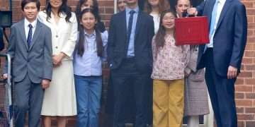 Jeremy Hunt’s wife and children make a rare public appearance as they watch the Chancellor hold up his red budget box outside Downing Street