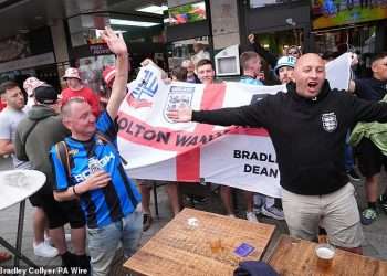 ‘Please don’t take me home!’: England fans descend on pubs in Gelsenkirchen and Düsseldorf to chant, drink lager and prepare for the first match of Euro 2024 – but there’s no sign of Serbian fans yet