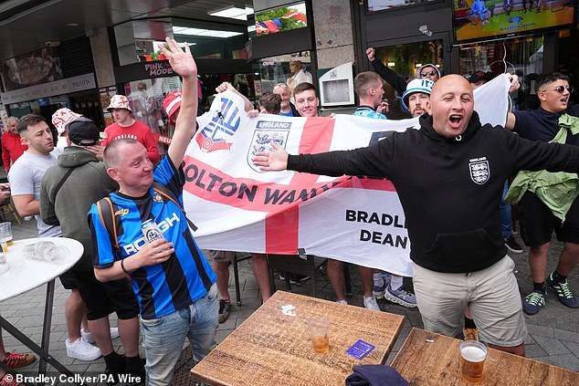 ‘Please don’t take me home!’: England fans descend on pubs in Gelsenkirchen and Düsseldorf to chant, drink lager and prepare for the first match of Euro 2024 – but there’s no sign of Serbian fans yet