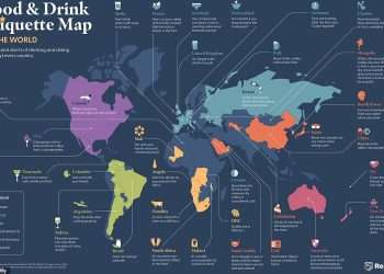 Eating pizza in NYC with cutlery is unforgivable and NEVER drink a milky coffee after 11am in Italy: Fascinating map reveals drinking and dining do’s and don’ts around the world