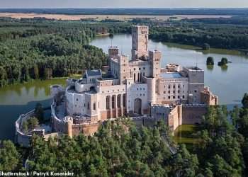 Pictured: The mysterious modern-day fairytale castle in Poland that has been built on an artificial island in a lake. What’s it for? No one seems to know…