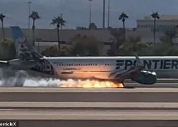 Terrifying moment flaming Frontier aircraft lands at major airport
