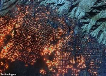 See the LA wildfires from SPACE: Satellite images reveal just how quickly blazes exploded over the last two days thanks to powerful Santa Ana winds