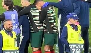 Footage shows Cristiano Ronaldo’s emotional reaction to Portugal’s Nations League triumph – as veteran uses Man United star as a shield during penalty shoot-out