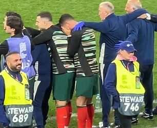 Footage shows Cristiano Ronaldo’s emotional reaction to Portugal’s Nations League triumph – as veteran uses Man United star as a shield during penalty shoot-out