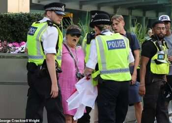 ‘Pink Lady’ anti-migrant protesters in stand-off with police at Canary Wharf amid fresh demonstration chaos after ‘migrant entered blind woman’s flat’