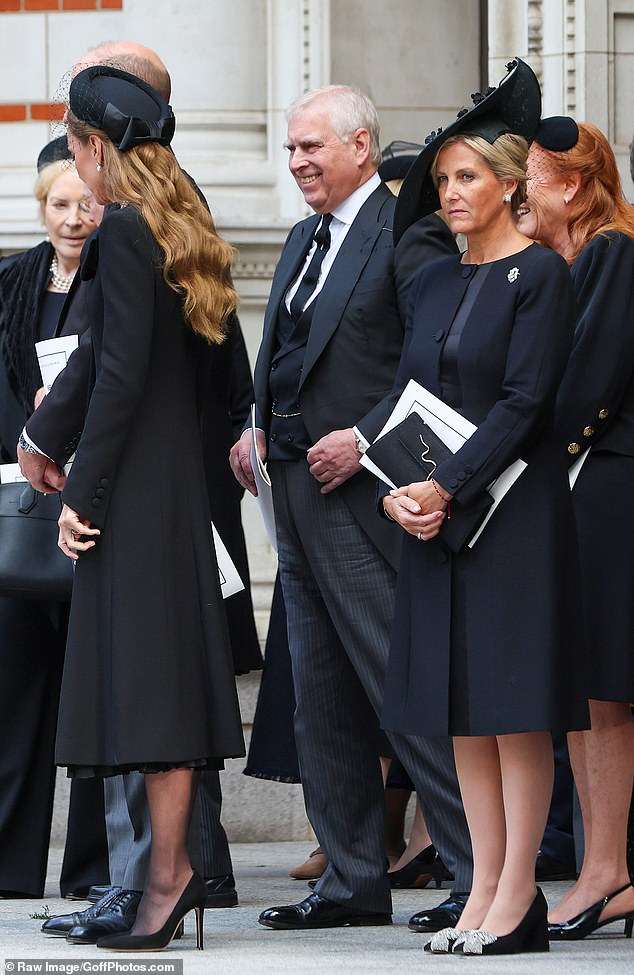 Prince Andrew laughs as he shares a joke with ex-wife Fergie after the Duchess of Kent’s funeral (but Prince William doesn’t see the funny side) 