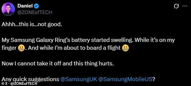 Samsung Galaxy Ring wearer is hospitalised and denied boarding onto a flight after the battery in his device started SWELLING