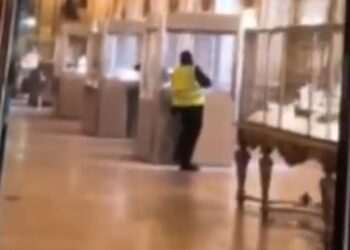 Moment ‘thief in a high-viz vest’ breaks into glass cabinet at the Louvre during seven-minute daylight raid: Police hunting for gang of criminals after priceless Napoleonic jewels stolen