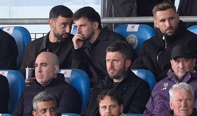 Man United stars cheer on the kids in FA Youth Cup final: Michael Carrick brings Bruno Fernandes, Mason Mount and Luke Shaw for clash with Man City – with Pep Guardiola also casting his eye over future stars
